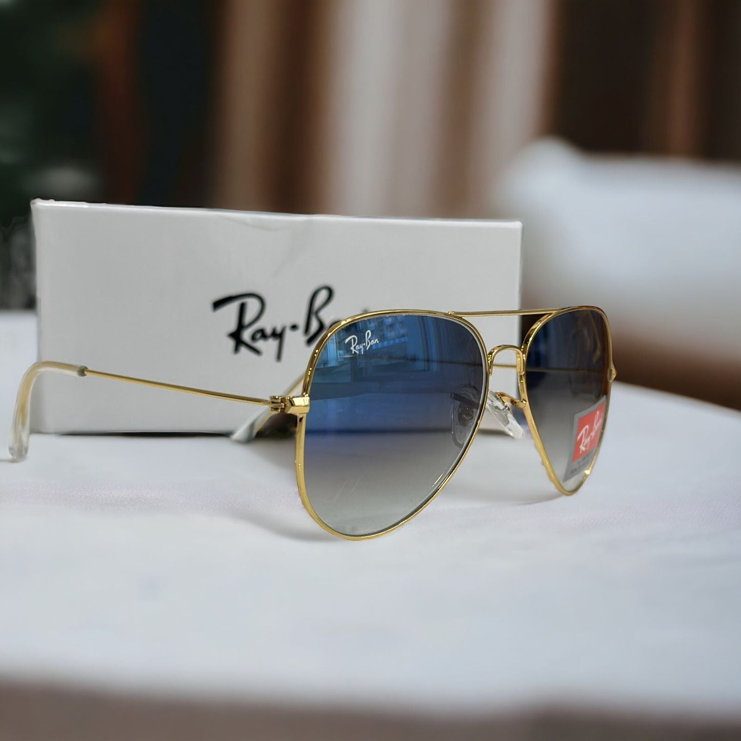 Branded Rb Gold Blue Aviator Sunglasses (With Original Kit)